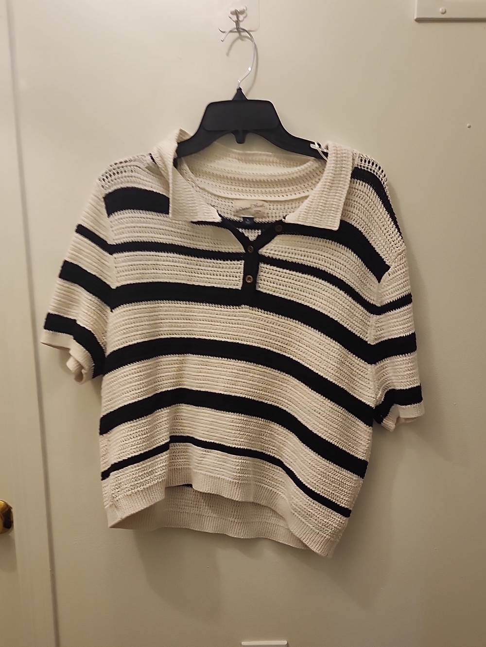 Striped Short-Sleeve Knit Polo Top - Cream & Black